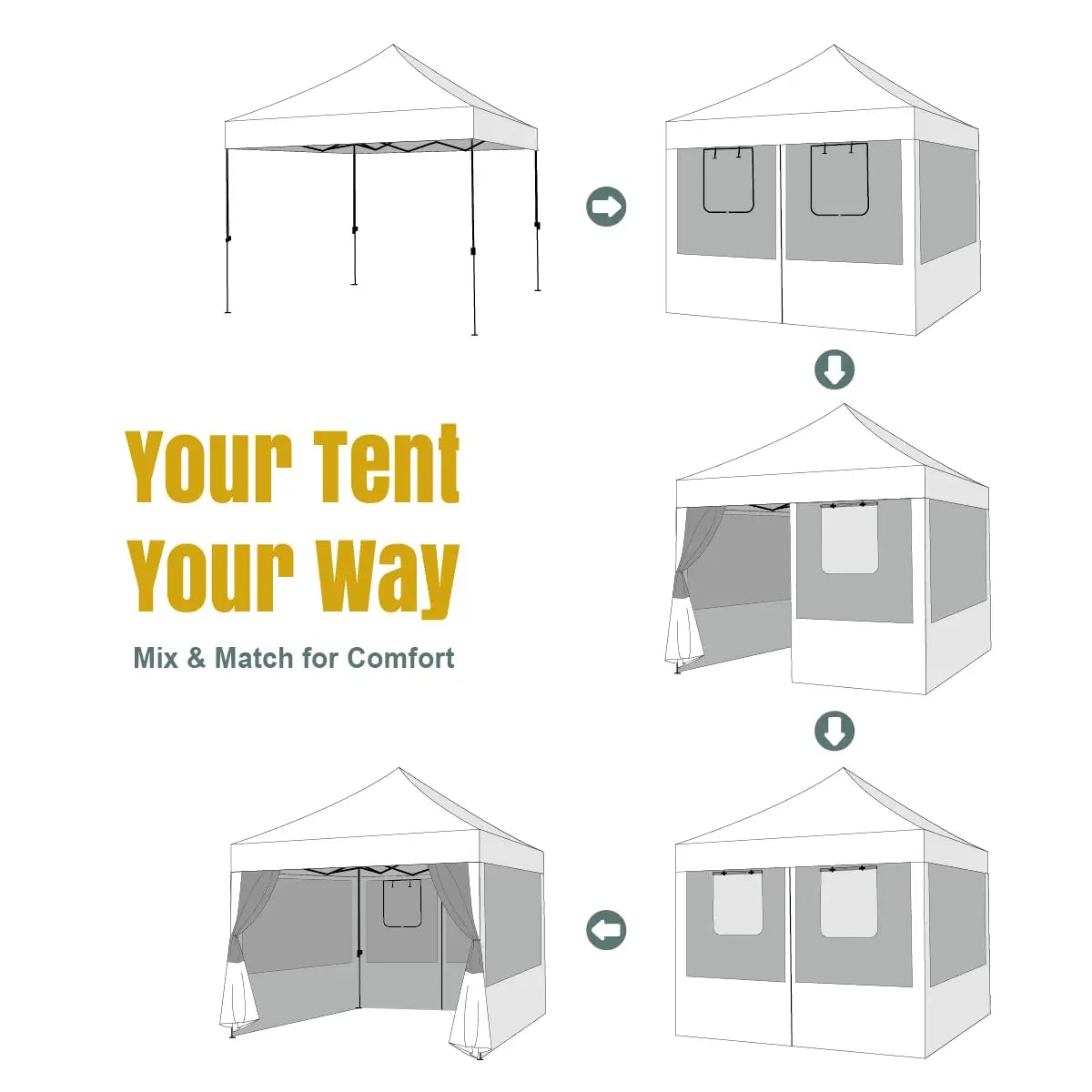 Pop-up canopy tent with four mosquito net panels, white frame and gray mesh; quick 1-person setup