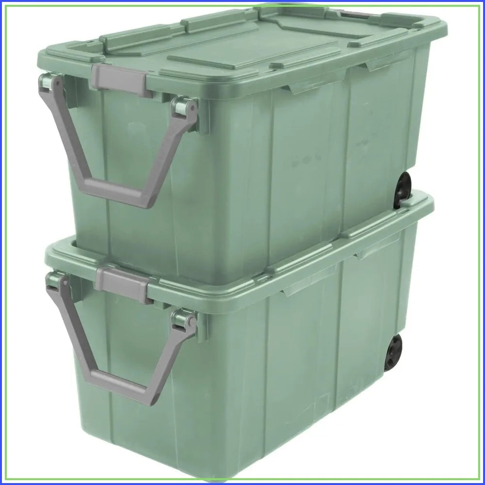 40Gal wheeled storage tote, stackable sage green plastic bin, 2-pack by S And B Enterprise