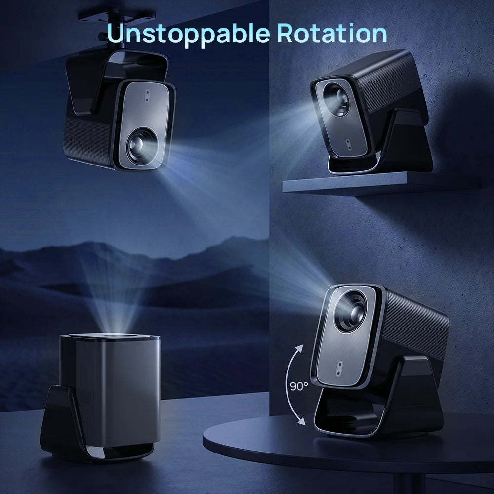 LYNCast 4K portable smart projector; compact black WiFi home theater projector with 90° rotation.