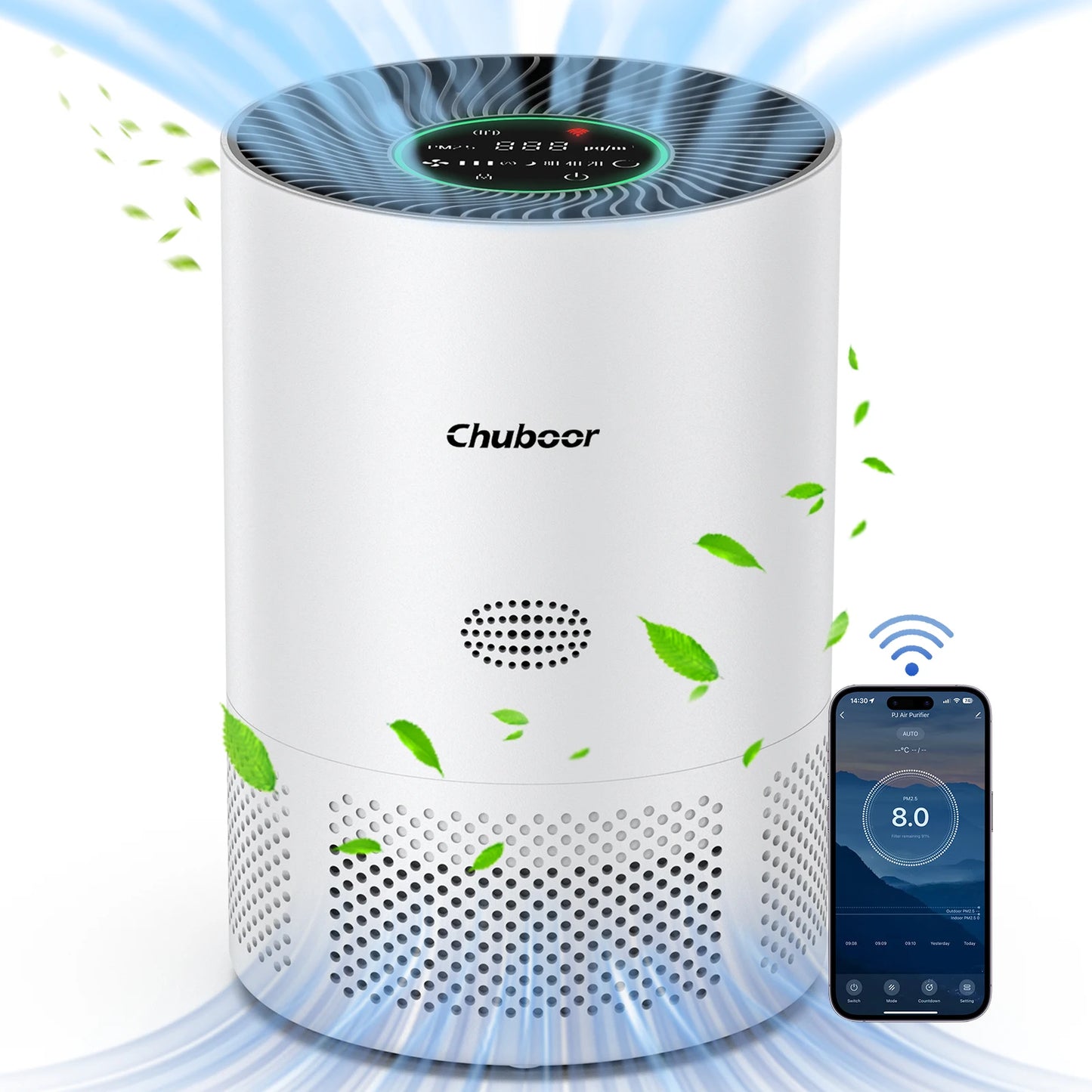 Chuboor air purifier, white cylindrical with HEPA H13 filtration and app control