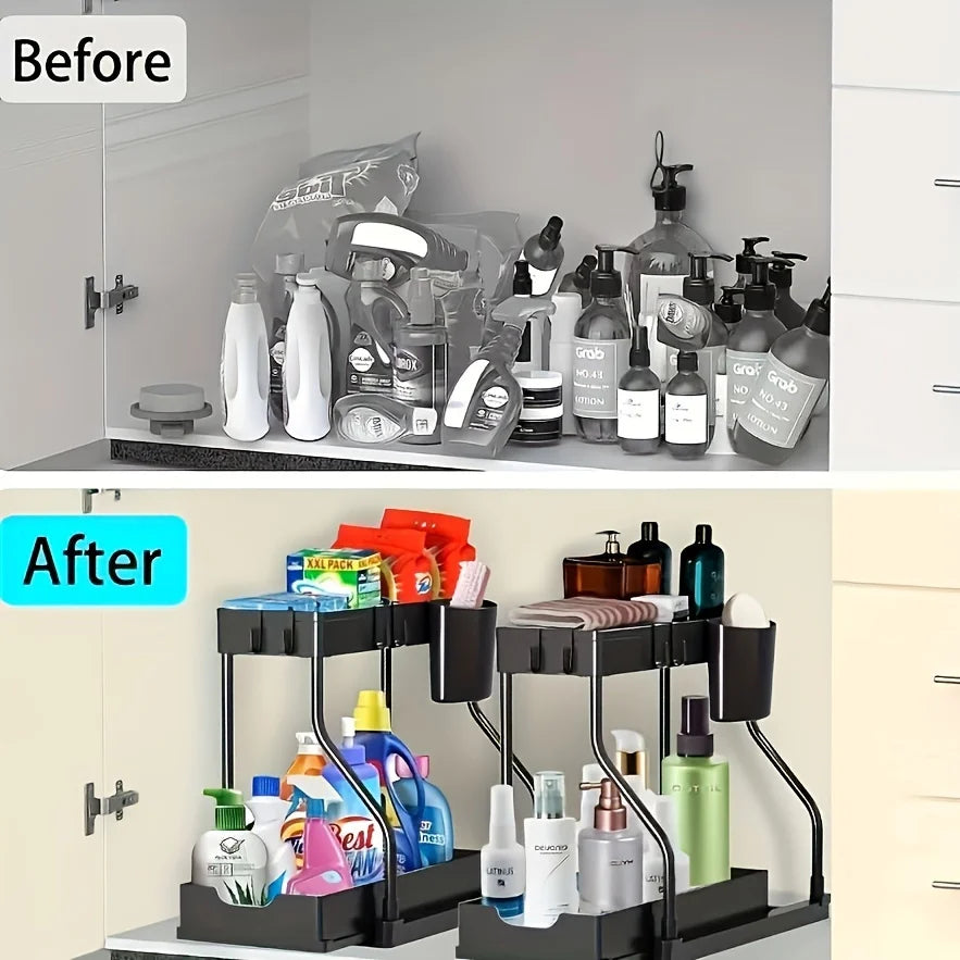 2-tier under-sink organizer in black with pull-out shelves for large-capacity kitchen and bathroom storage