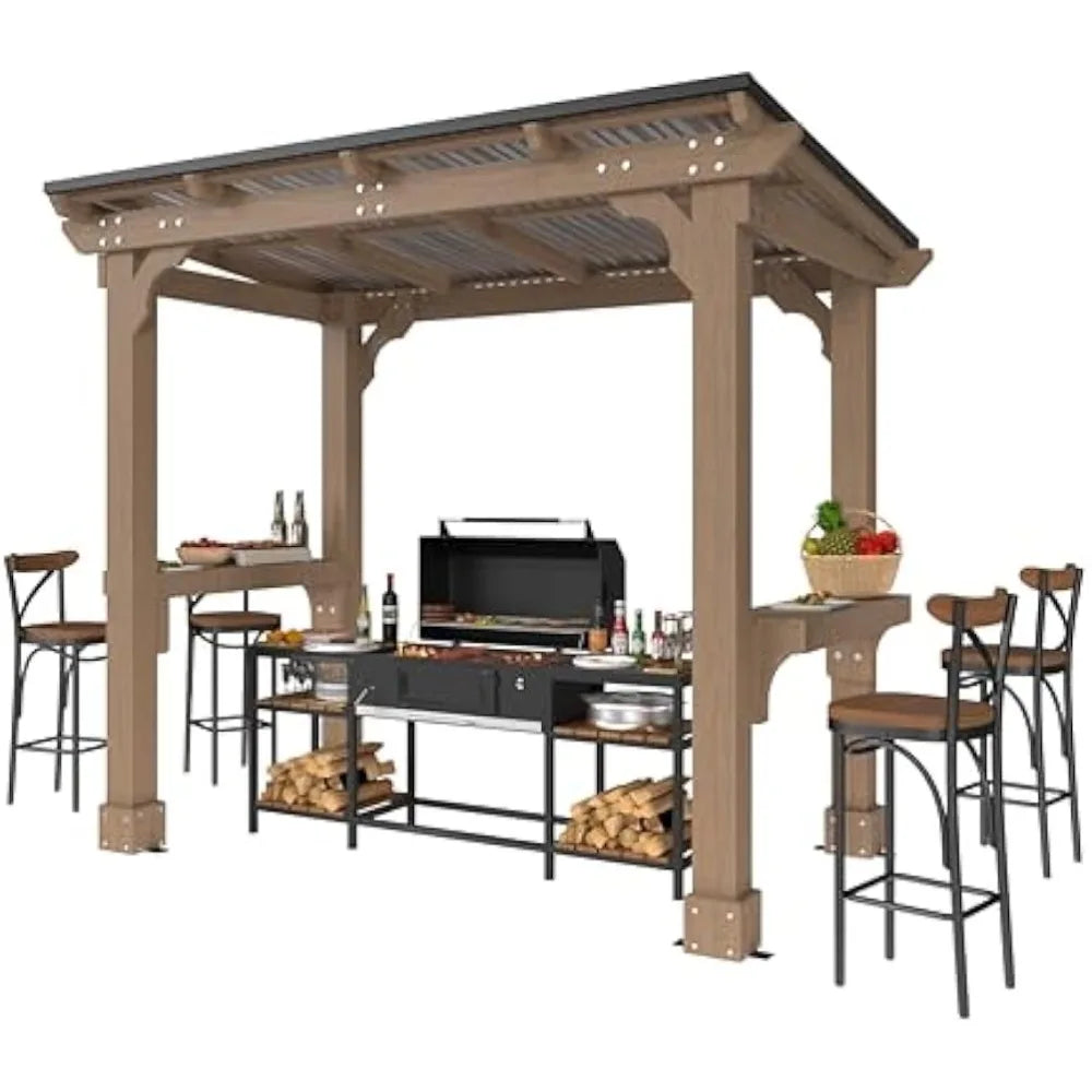 Wooden Grill Gazebo With Sloped Metal Roof And Shelves