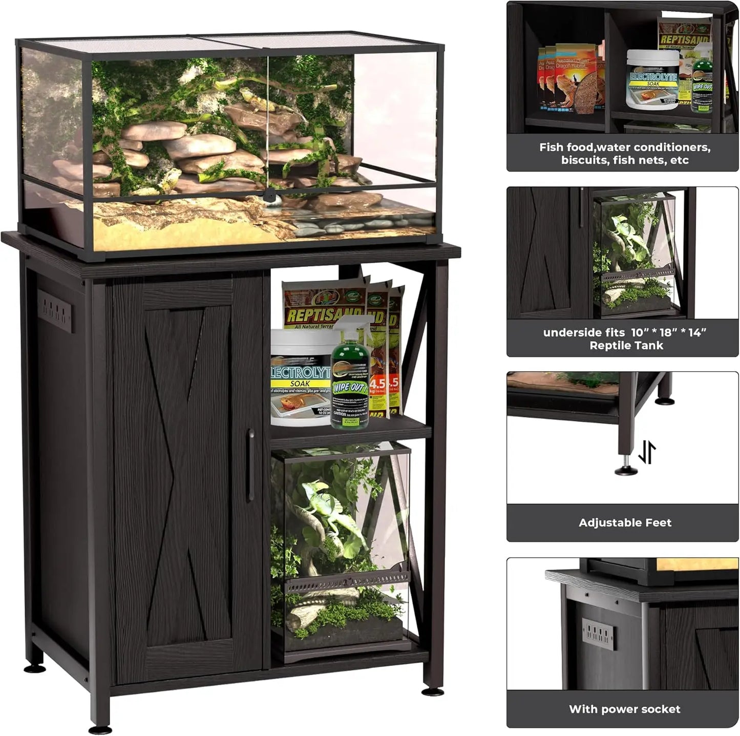Reptile Tank Stand With Power Outlet And Storage Cabinet