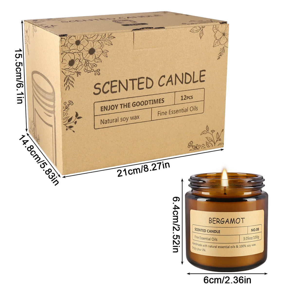 12-piece scented candle gift box with floral print and Bergamot amber jar candle