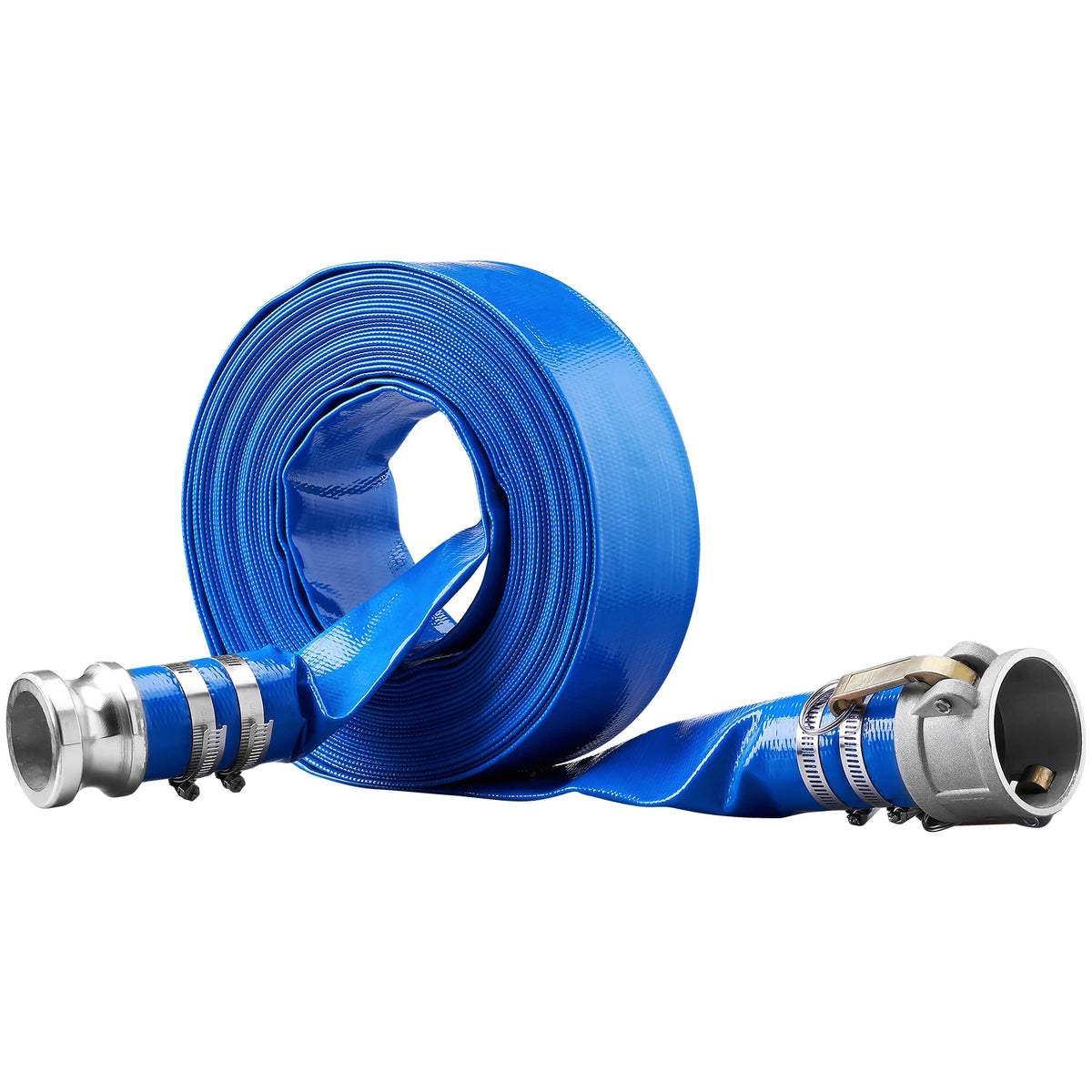Pool drain hose, blue PVC, 2 in x 50 ft, with aluminum camlock C & E connectors and clamps