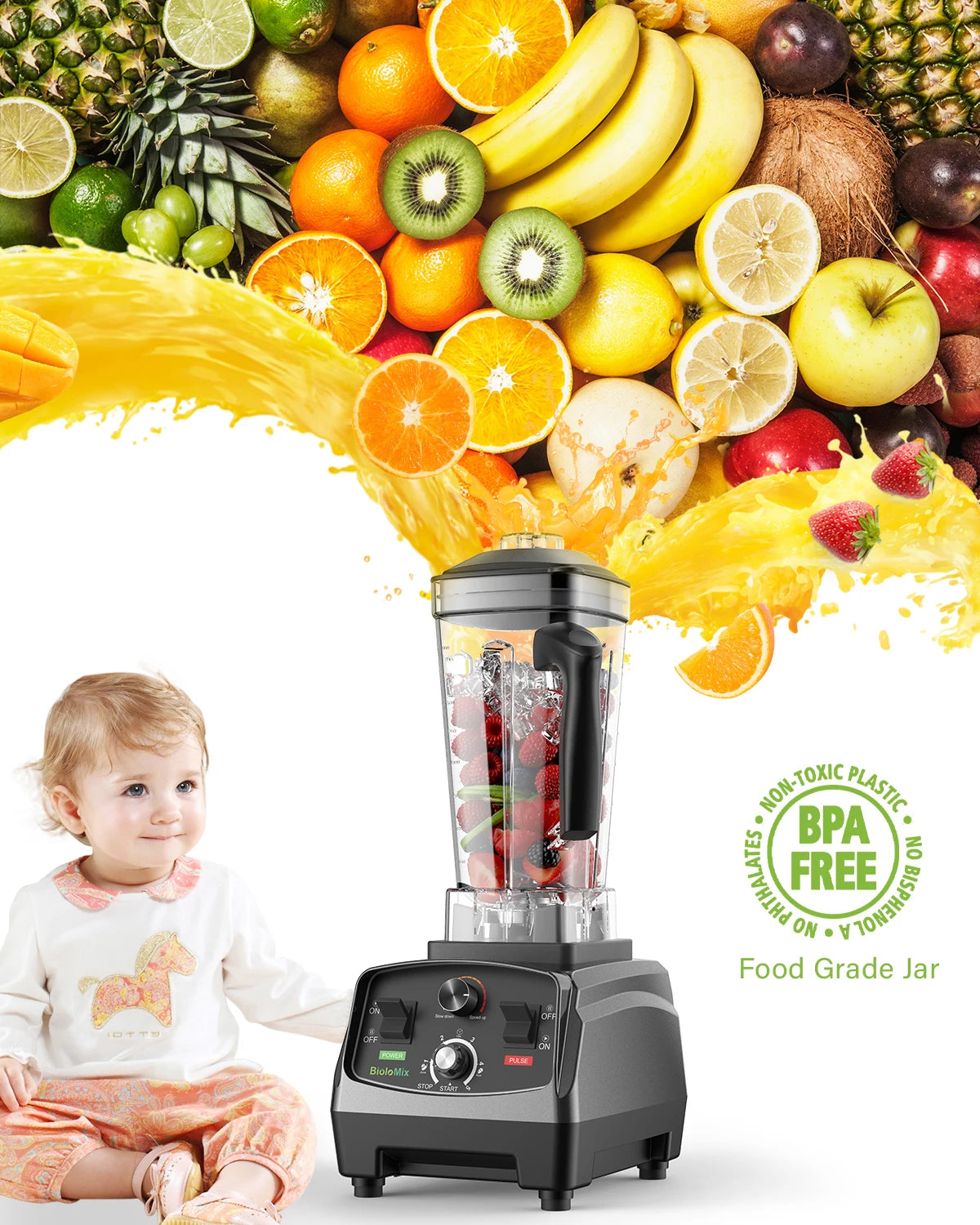 BioloMix blender with 2L BPA-free jar; heavy-duty 3HP/2200W by S And B Enterprise, surrounded by assorted fruits