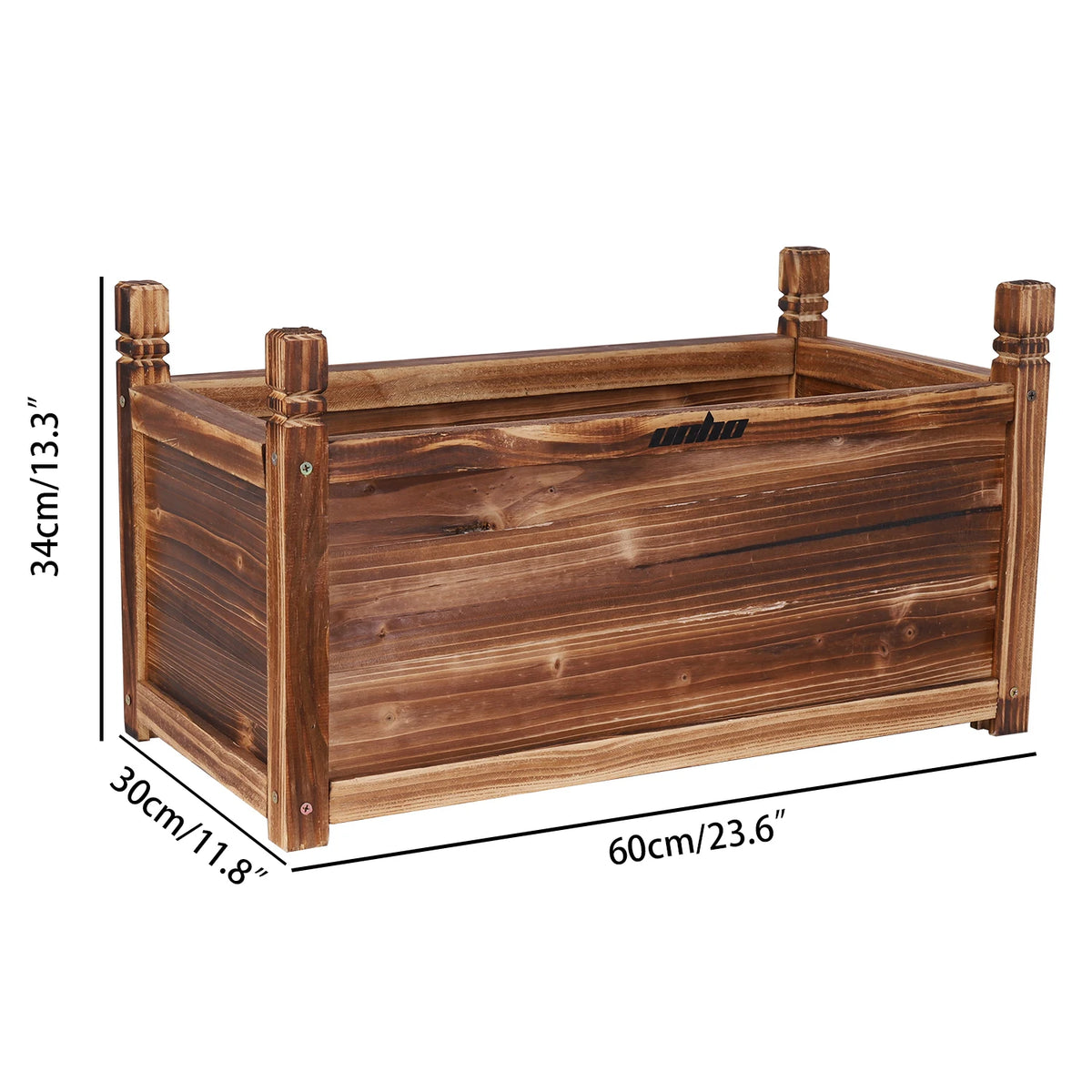 Wooden raised planter box by S And B Enterprise for indoor/outdoor use, 60x30x34 cm, brown stained wood.