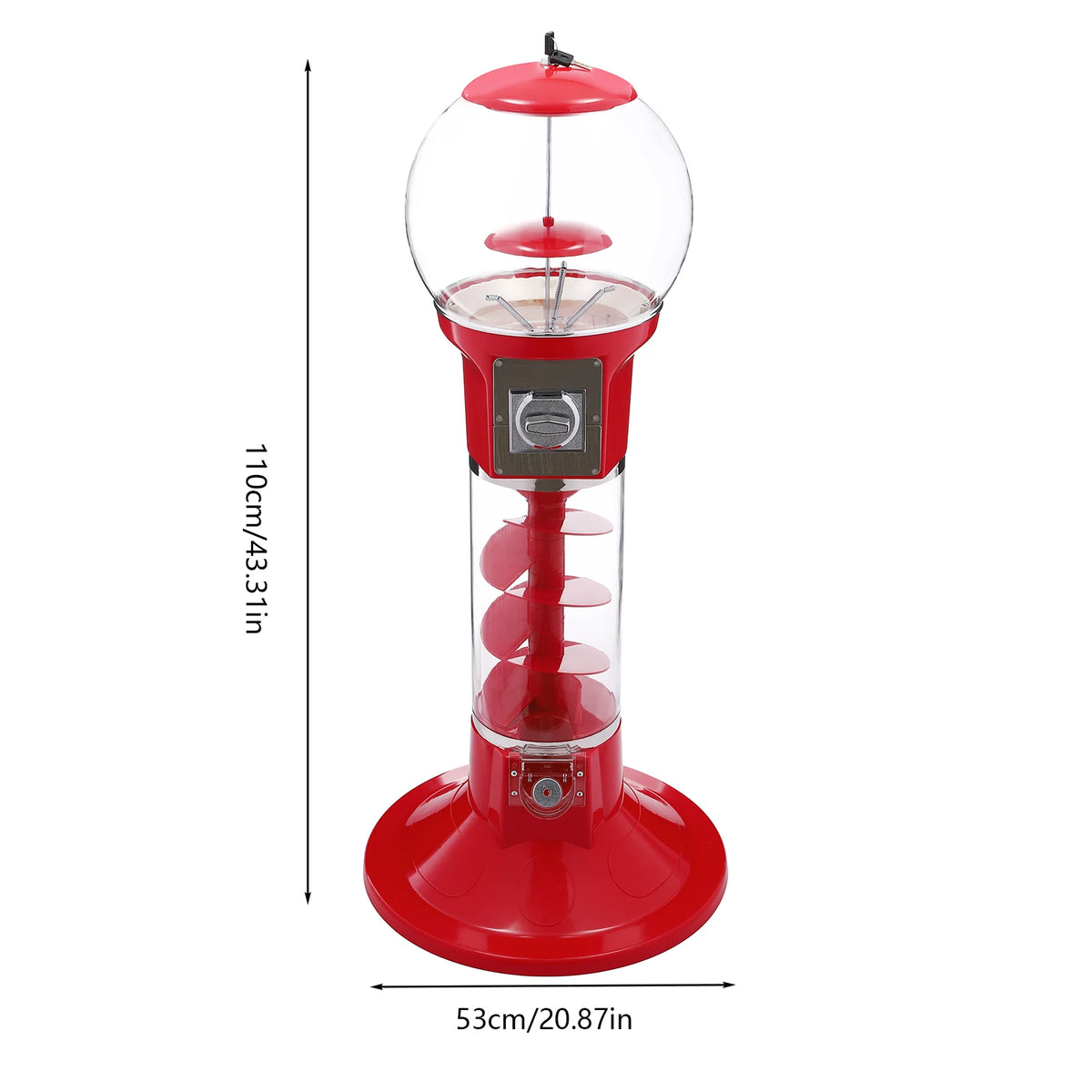 Twister ball vending machine, red freestanding cylindrical with clear globe, by S And B Enterprise.