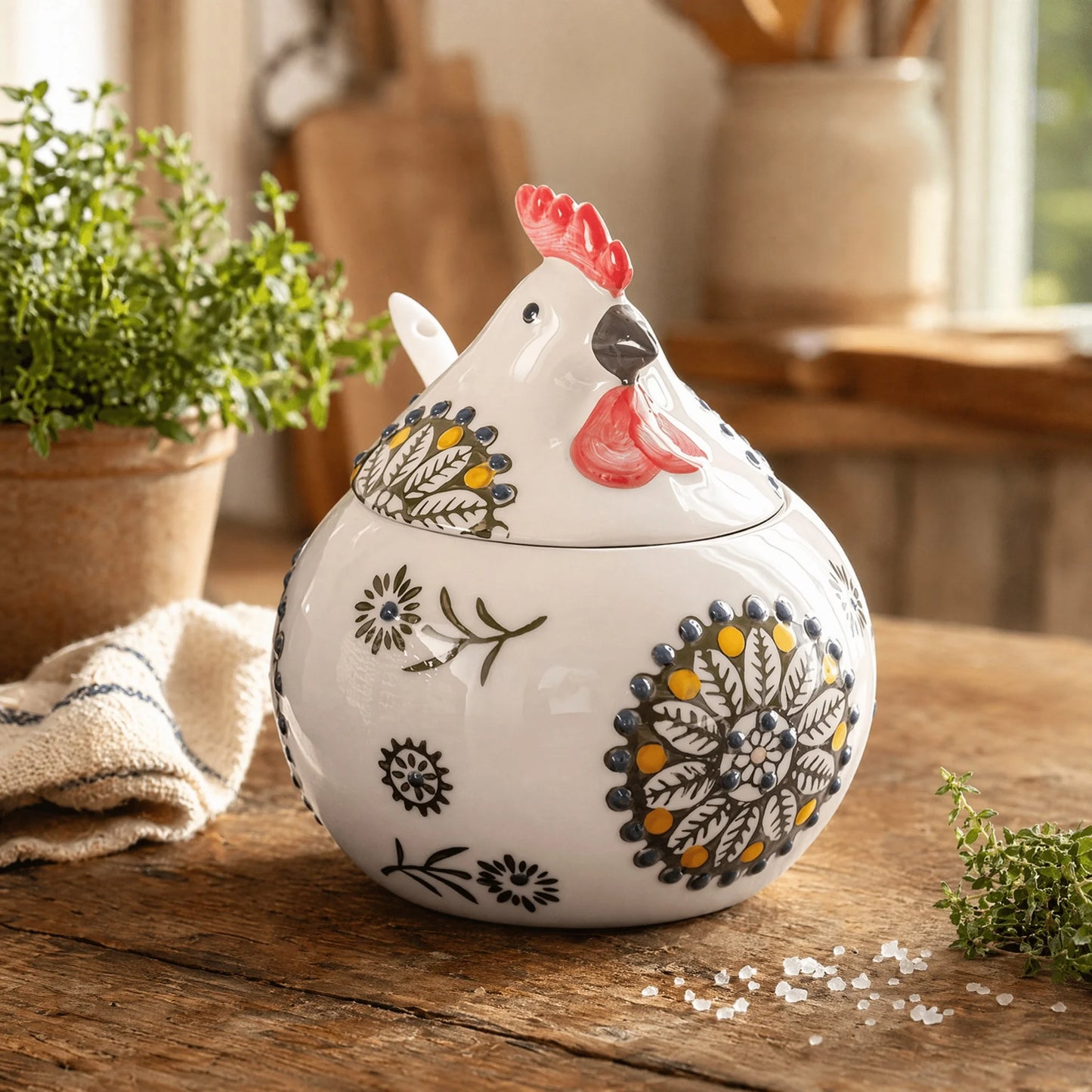 Porcelain Salt Cellar With Lid And Spoon Floral Chicken Design by S And B Enterprise