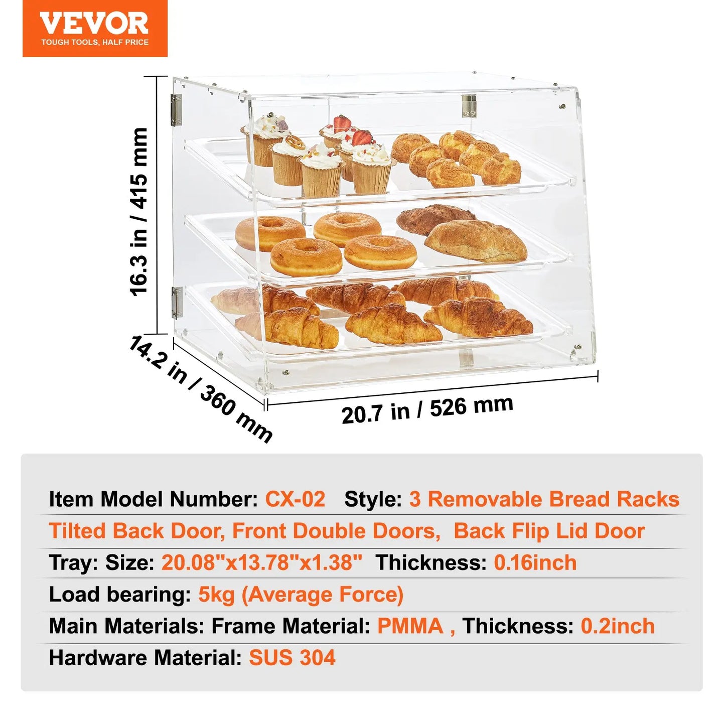 Pastry Display Case 3 Tier Countertop Bakery Acrylic Display Rear Door Access