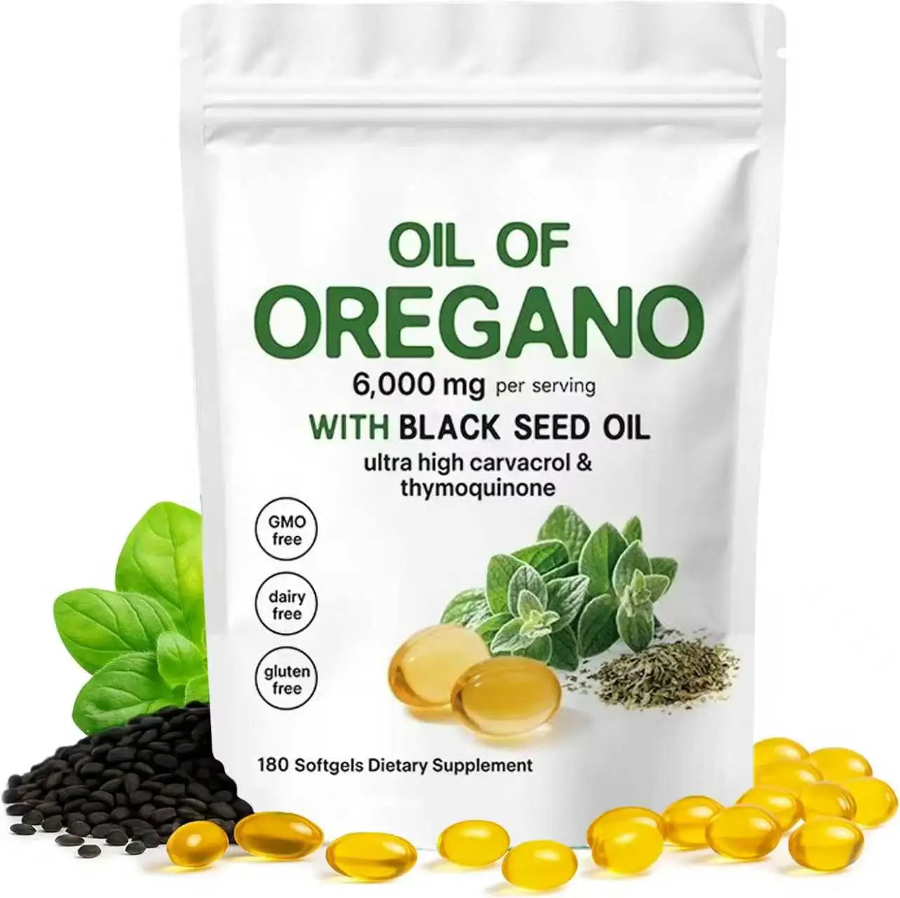 Oil Of Oregano Softgels with Black Seed Oil 6000mg - Premium Grade Oregano Oil Capsules for Immune & Digestive Support - Non-GMO