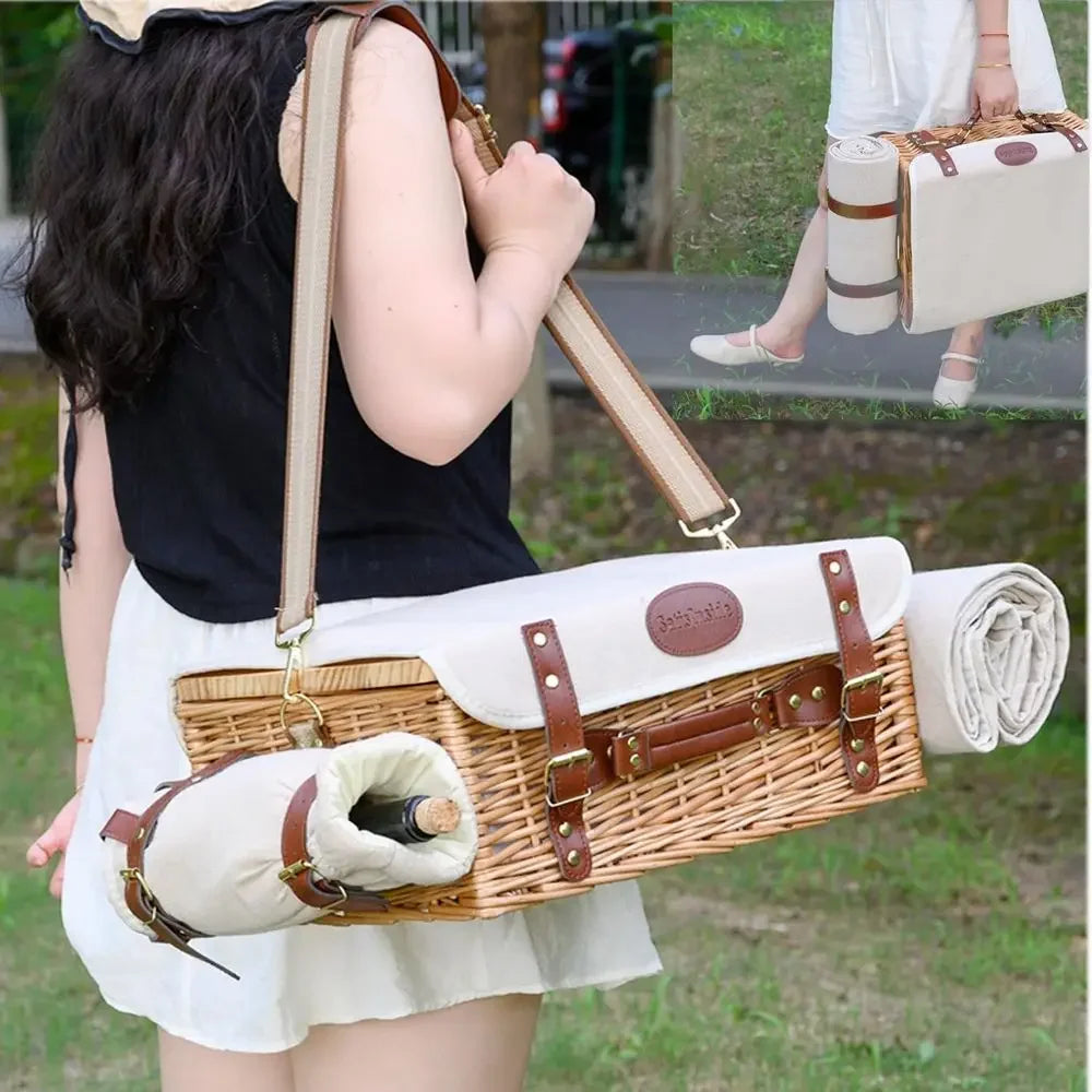 Double-Layered Wicker Picnic Basket With Insulated Liners And Portable Table