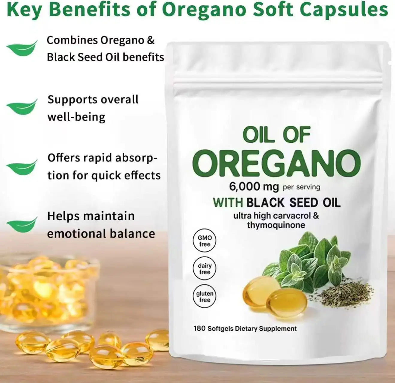 Oil Of Oregano Softgels with Black Seed Oil 6000mg - Premium Grade Oregano Oil Capsules for Immune & Digestive Support - Non-GMO