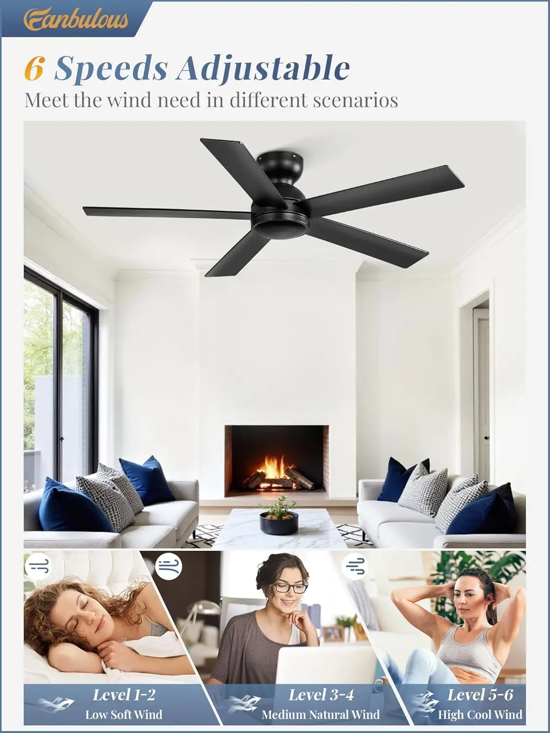 48" Flush Mount Ceiling Fan, Black, No Light, 6 Speeds, Quiet DC Motor, Remote Control, Indoor/Outdoor by S And B Enterprise