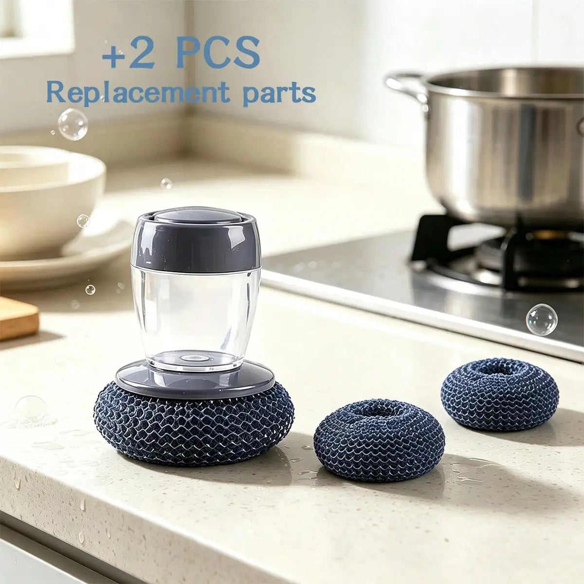Self-filling soap dispenser brush by S And B Enterprise with replaceable scrubber base and two extra blue mesh rings