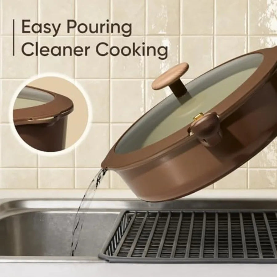 Ceramic non-stick pot with glass lid in brown, induction and oven safe