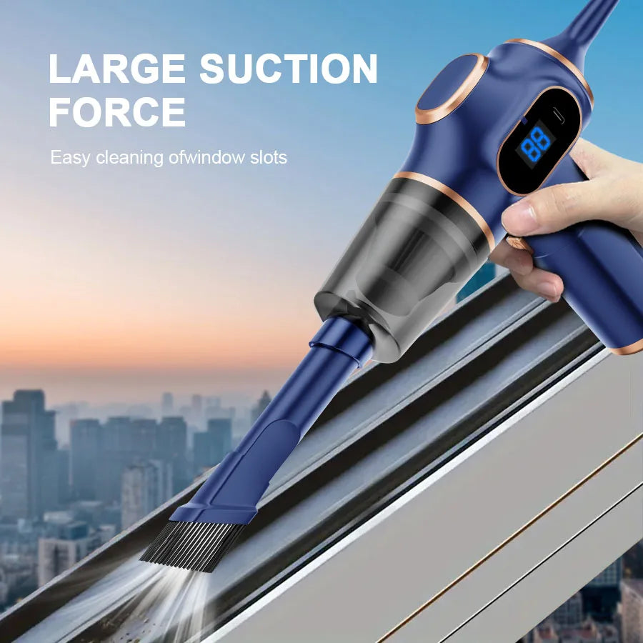 Blue wireless handheld car vacuum cleaner by S And B Enterprise with digital display and brush nozzle.