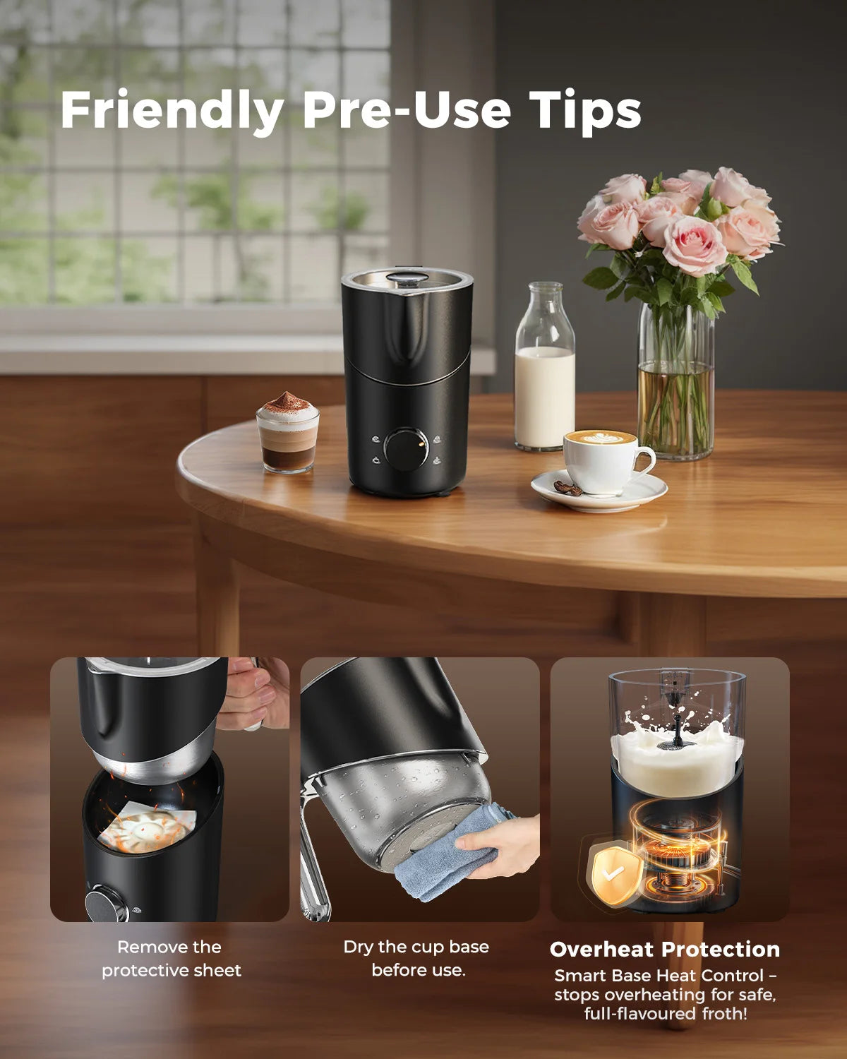 Milk frother and steamer, 8-in-1, black, 400ml capacity, on a wooden table.