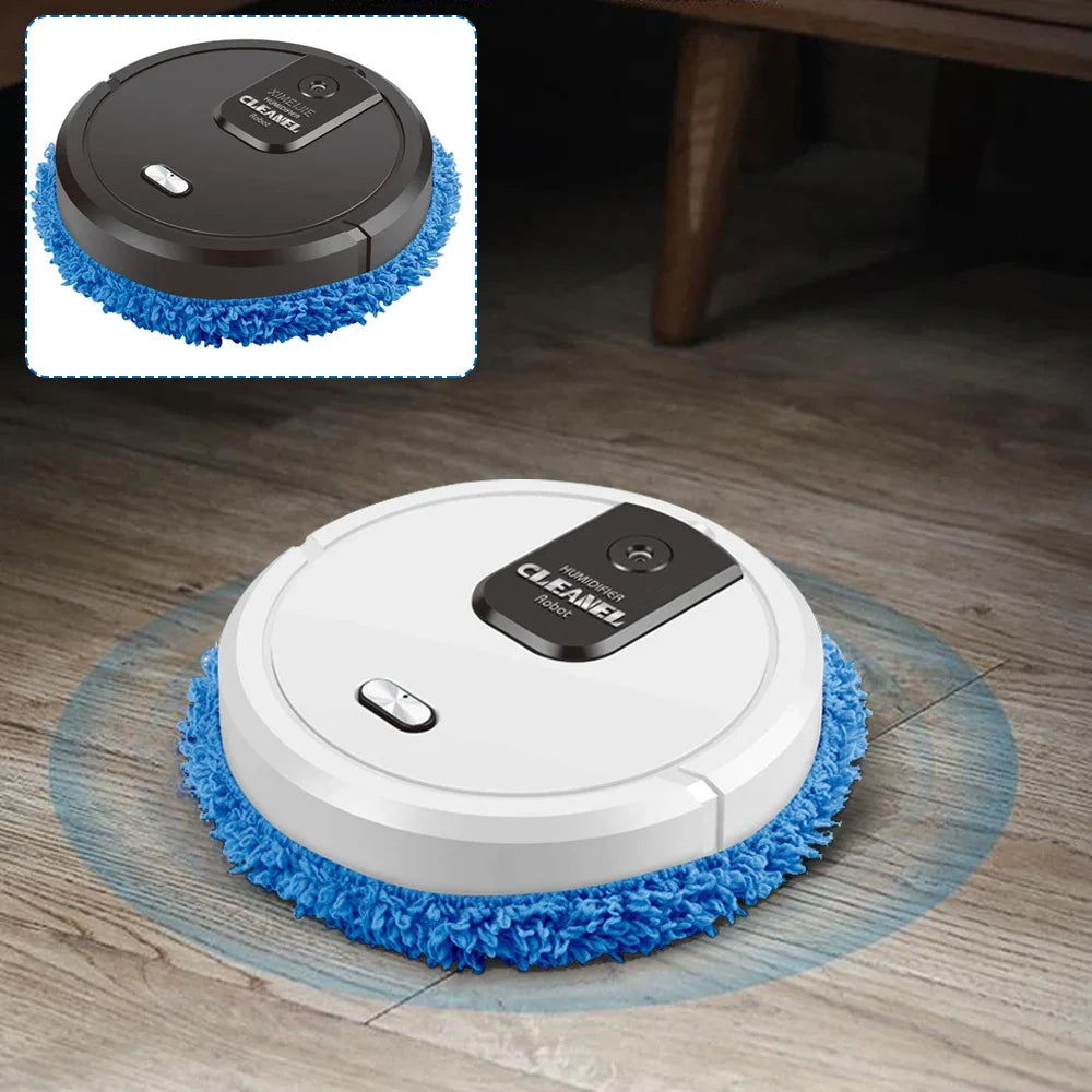 Robot vacuum cleaner by S And B Enterprise with white body and blue circular brush; 2 items shown