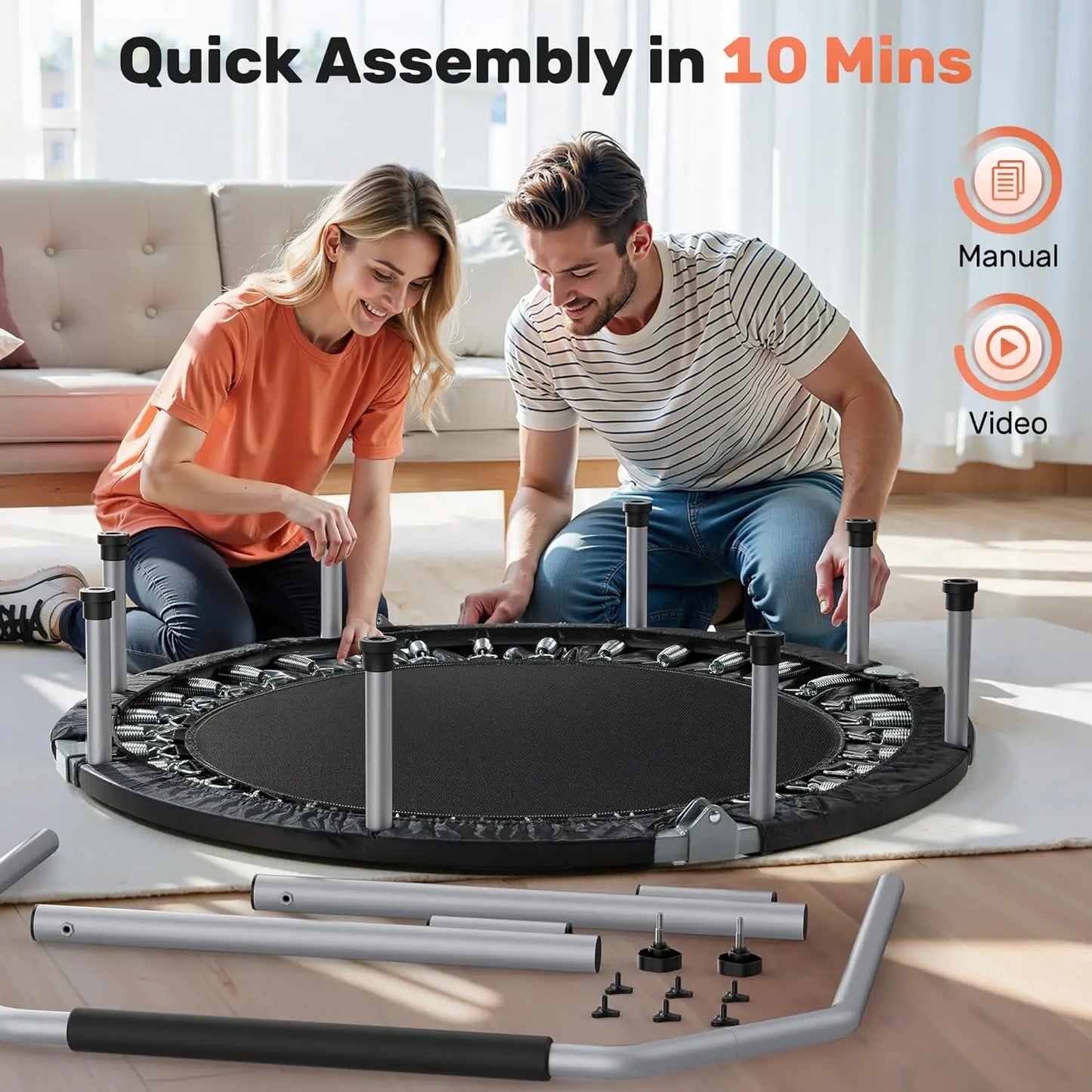 40/48“ Foldable Mini Trampoline with Adjustable Foam Handle Fitness Rebounder for Adults Max Load 440 Lbs Exercise Trampoline by S And B Enterprise