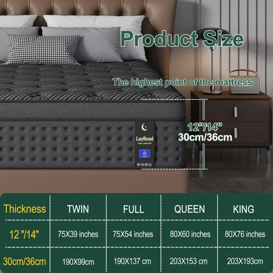 Memory foam hybrid mattress 12/14 inch with pocket springs, fiberglass-free, LayRoad label, Twin–King sizes in a box