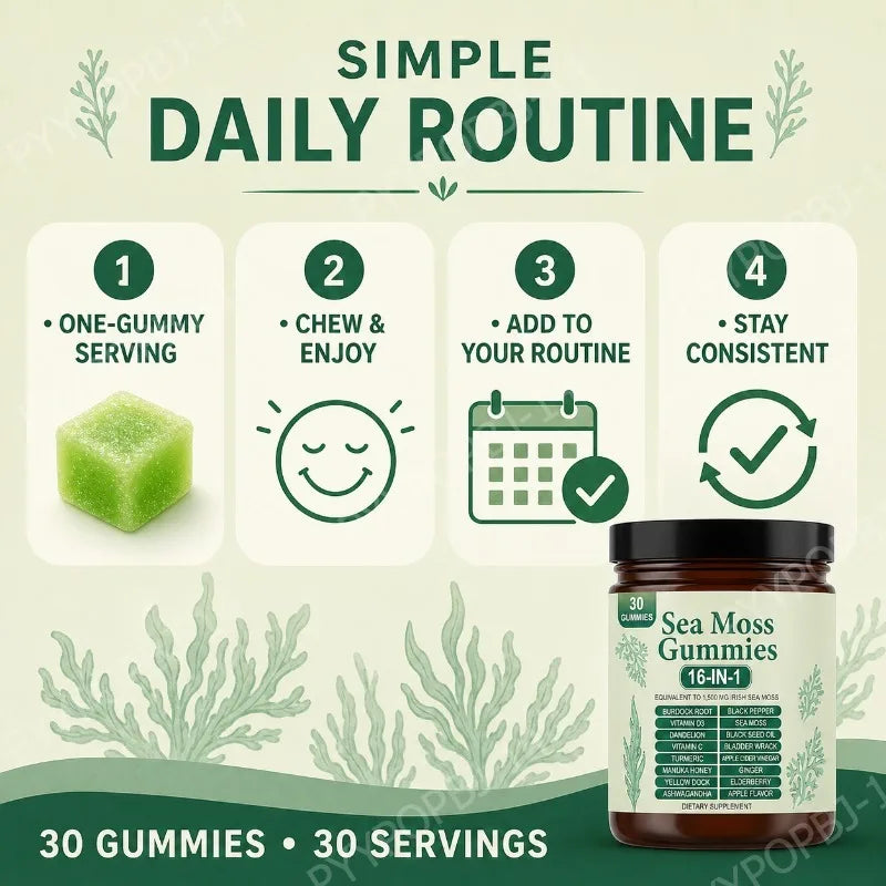 Irish Sea Moss Gummies by S And B Enterprise, 30 gummies, apple flavor, 16-in-1 botanical blend
