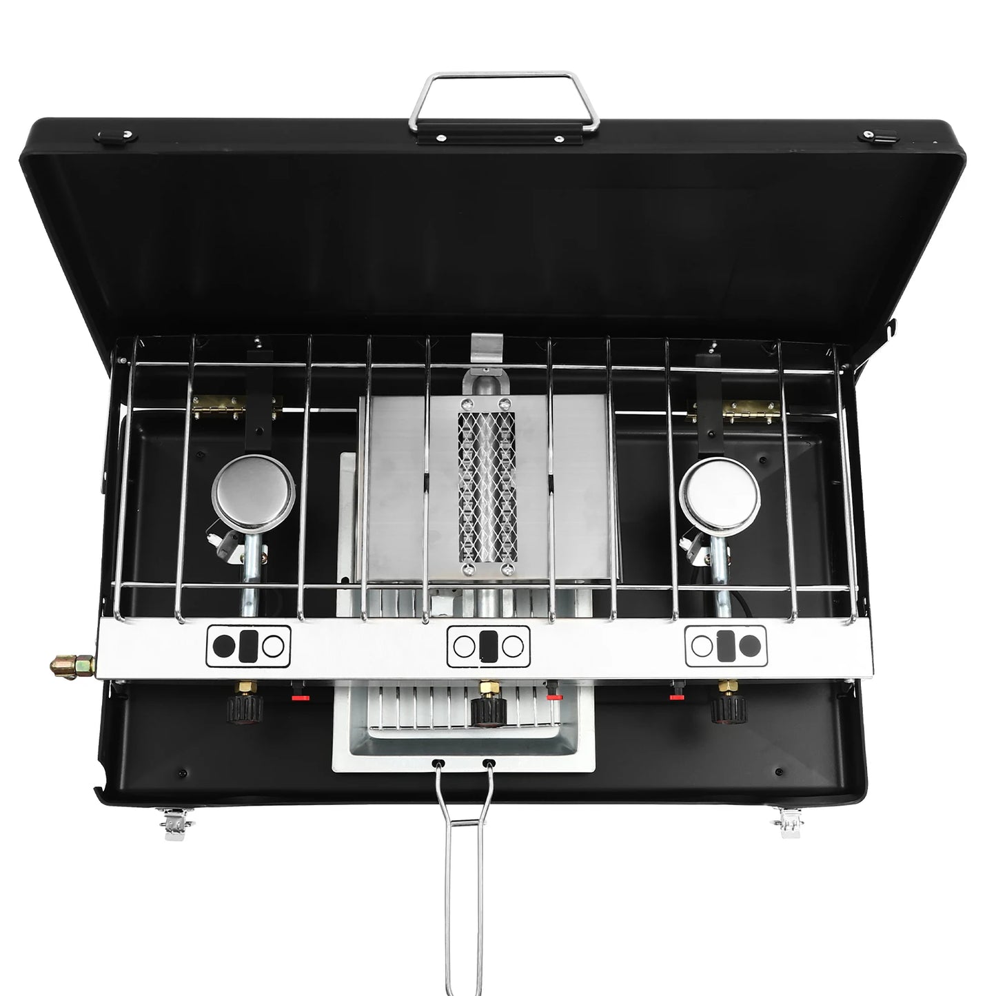 Portable tabletop 3-burner camping stove by S And B Enterprise; black steel body with stainless grates and three control knobs.