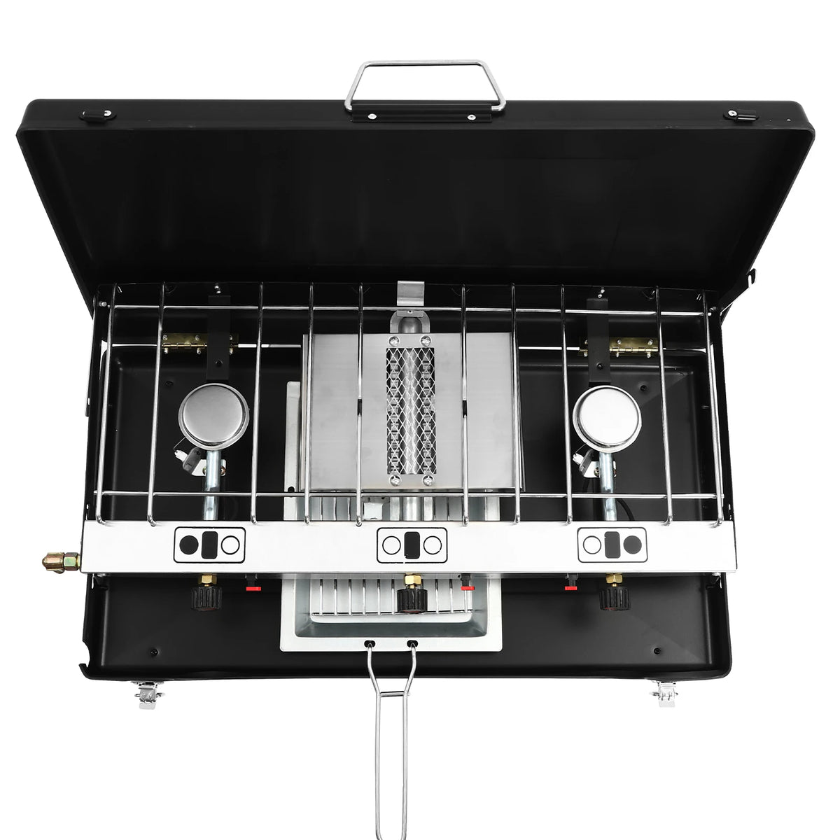 Portable tabletop 3-burner camping stove by S And B Enterprise; black steel body with stainless grates and three control knobs.