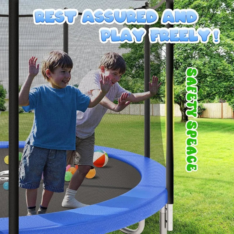 JELENS Trampoline with enclosure net, outdoor blue-framed trampoline; kids playing in backyard.