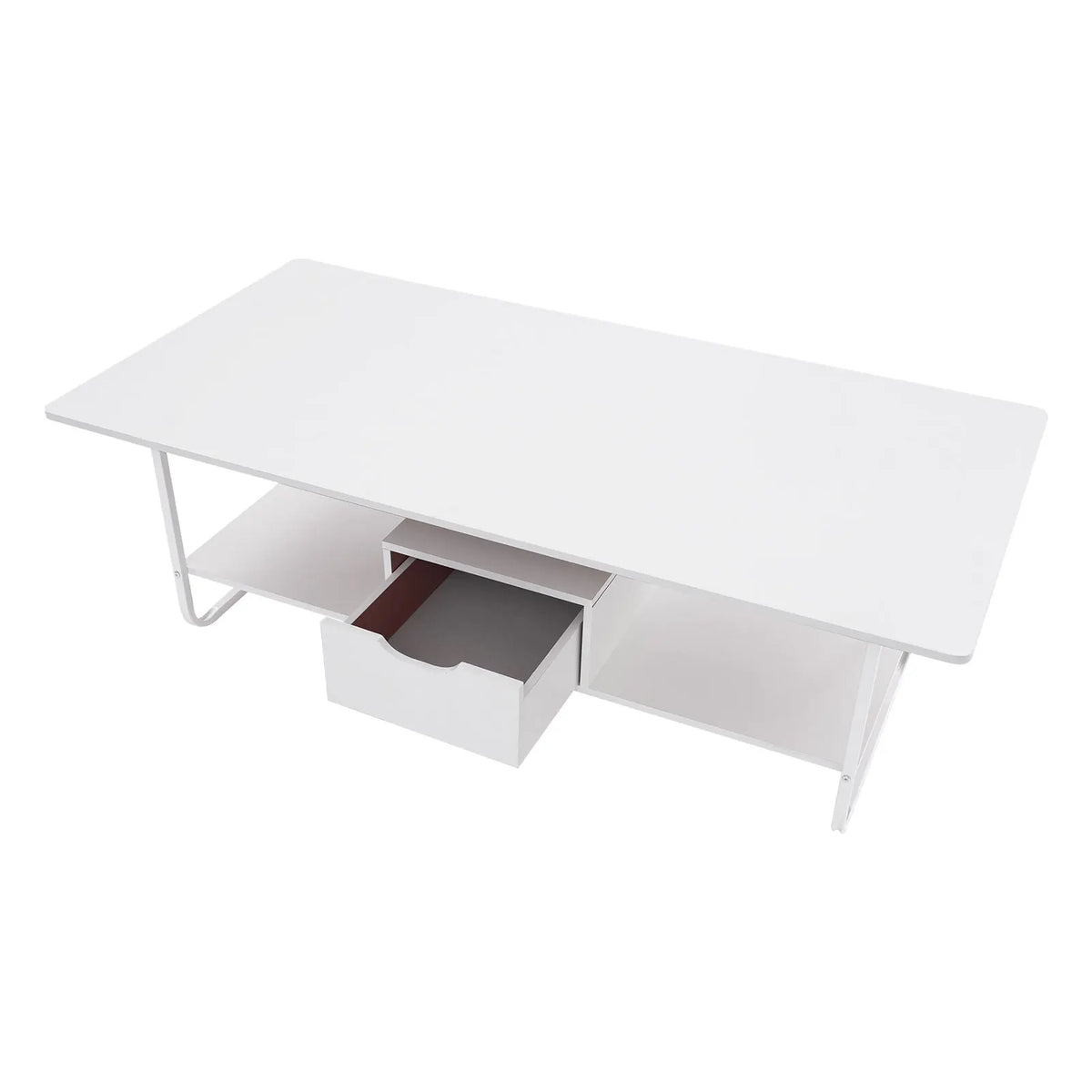 Modern white coffee table with two-tier storage and a visible drawer