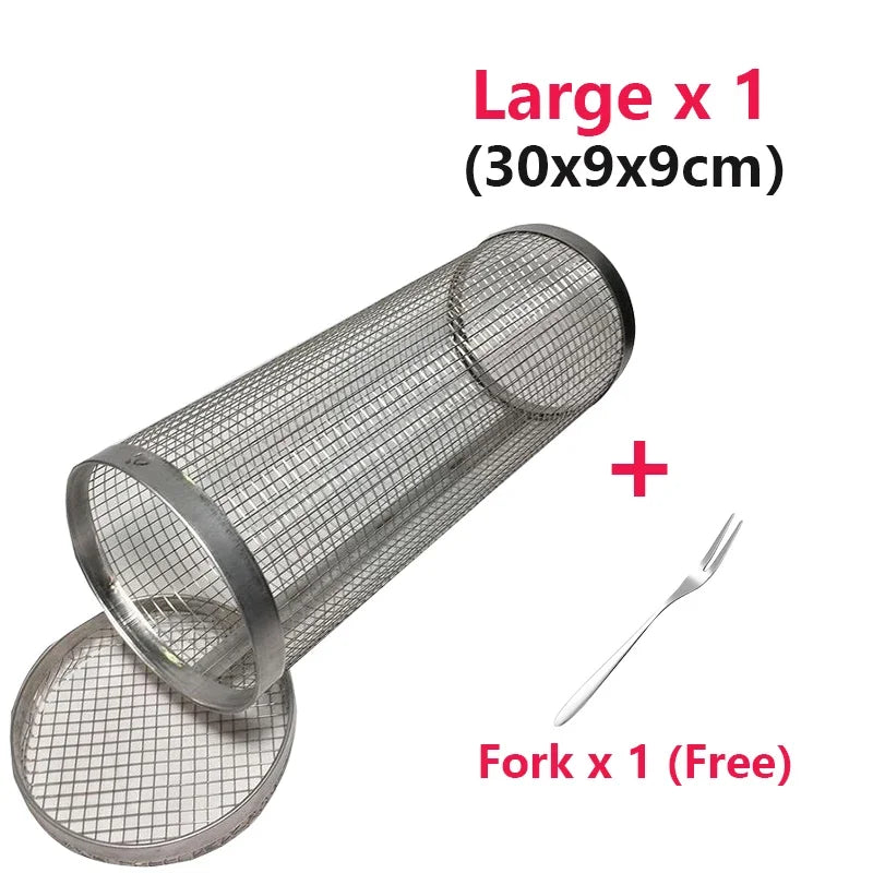 Stainless steel rolling BBQ basket by S And B Enterprise; cylindrical mesh grill, large 30x9x9 cm, includes free fork.