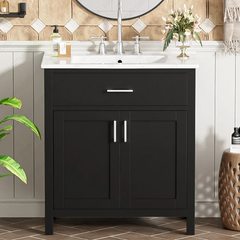 30" Small Bathroom Vanity Sink Soft Close Doors Cabinet Storage Undermount Ceramic Sink Organizer Cabinet for Compact Bathroom