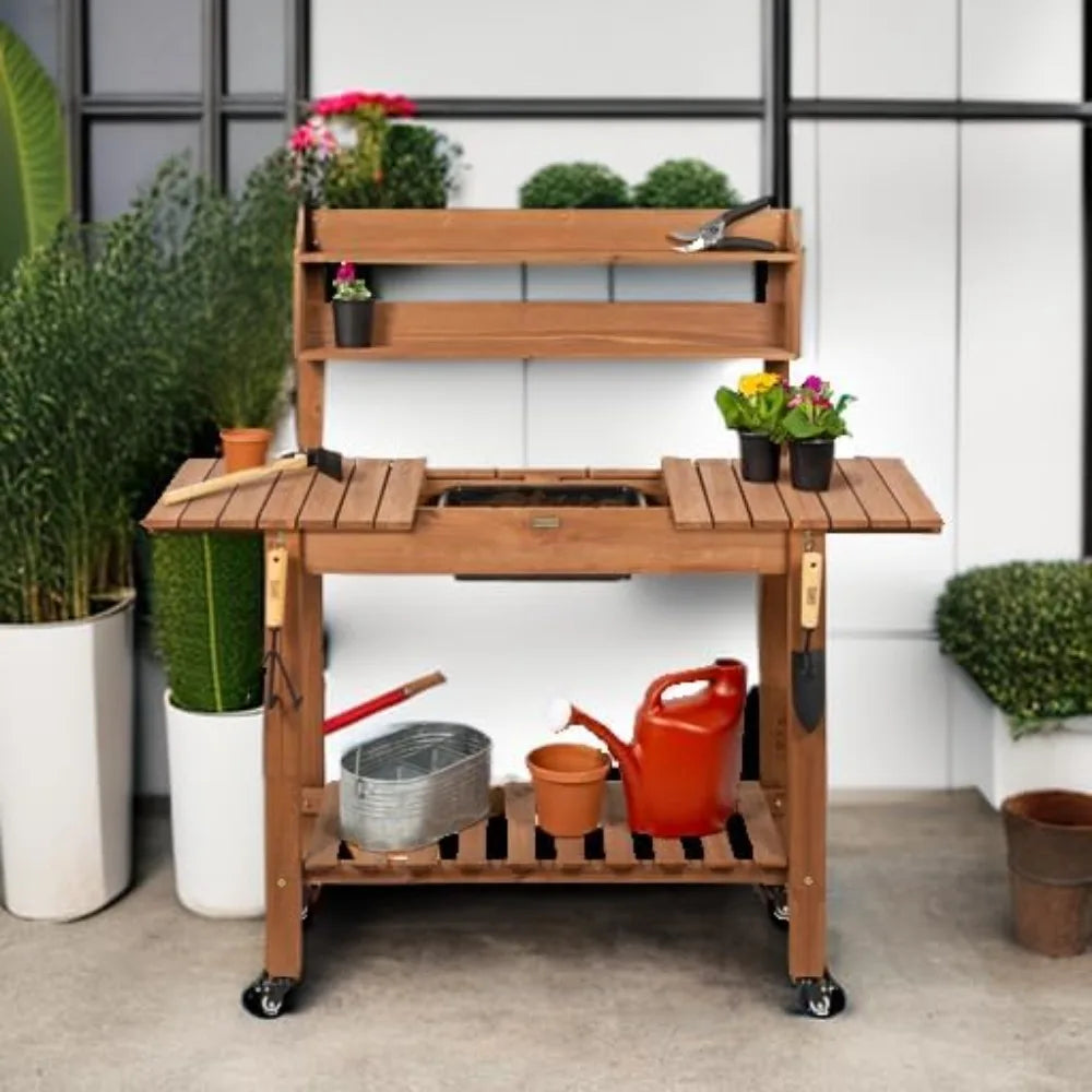Mobile Potting Bench With Sliding Tabletop And 4 Locking Wheels Storage Shelves