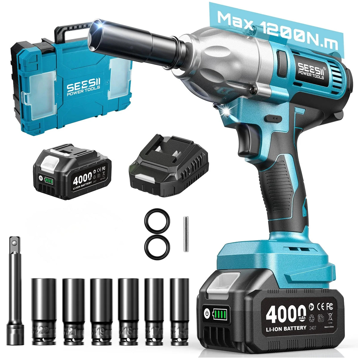 SEESII WH710 Pro cordless impact wrench kit with 1/2in drive, teal blue body, 4.0Ah battery and 6 sockets