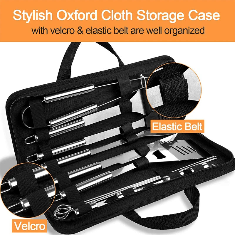 LMETJMA stainless steel BBQ utensil set in a black case with elastic Velcro belt