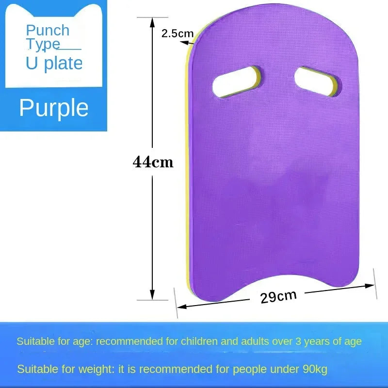 Purple EVA foam U-shaped kickboard for swimming training, 44×29 cm, 2.5 cm thick.