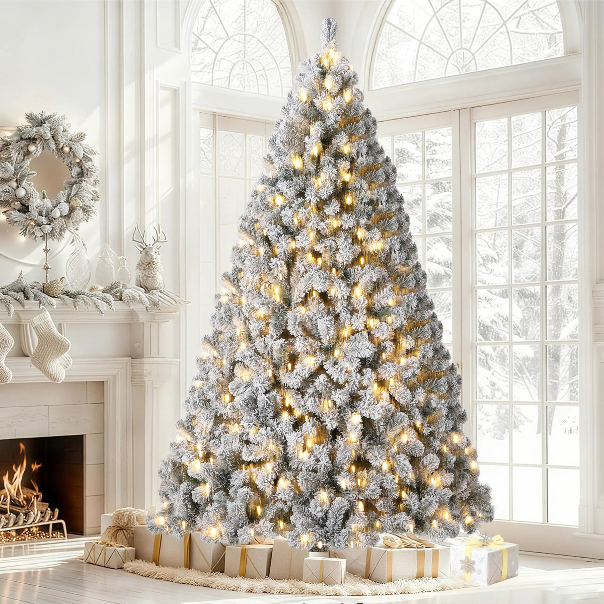 S And B Enterprise 6ft/7.5ft flocked Christmas tree with snowy branches, warm white LEDs, hinged sections, metal stand
