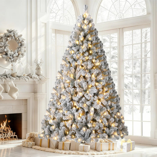 S And B Enterprise 6ft/7.5ft flocked Christmas tree with snowy branches, warm white LEDs, hinged sections, metal stand