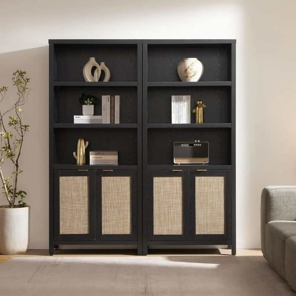 Modern Rattan Boho Bookcase With Open Wood Storage Shelf