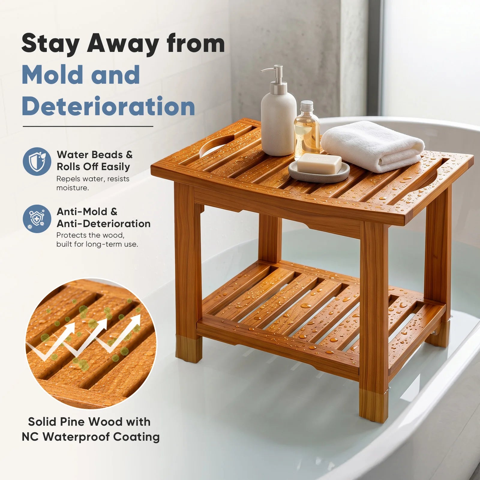JHK wooden shower stool with storage shelf; solid pine wood, waterproof coating, 18/14 in, 300 lb capacity.