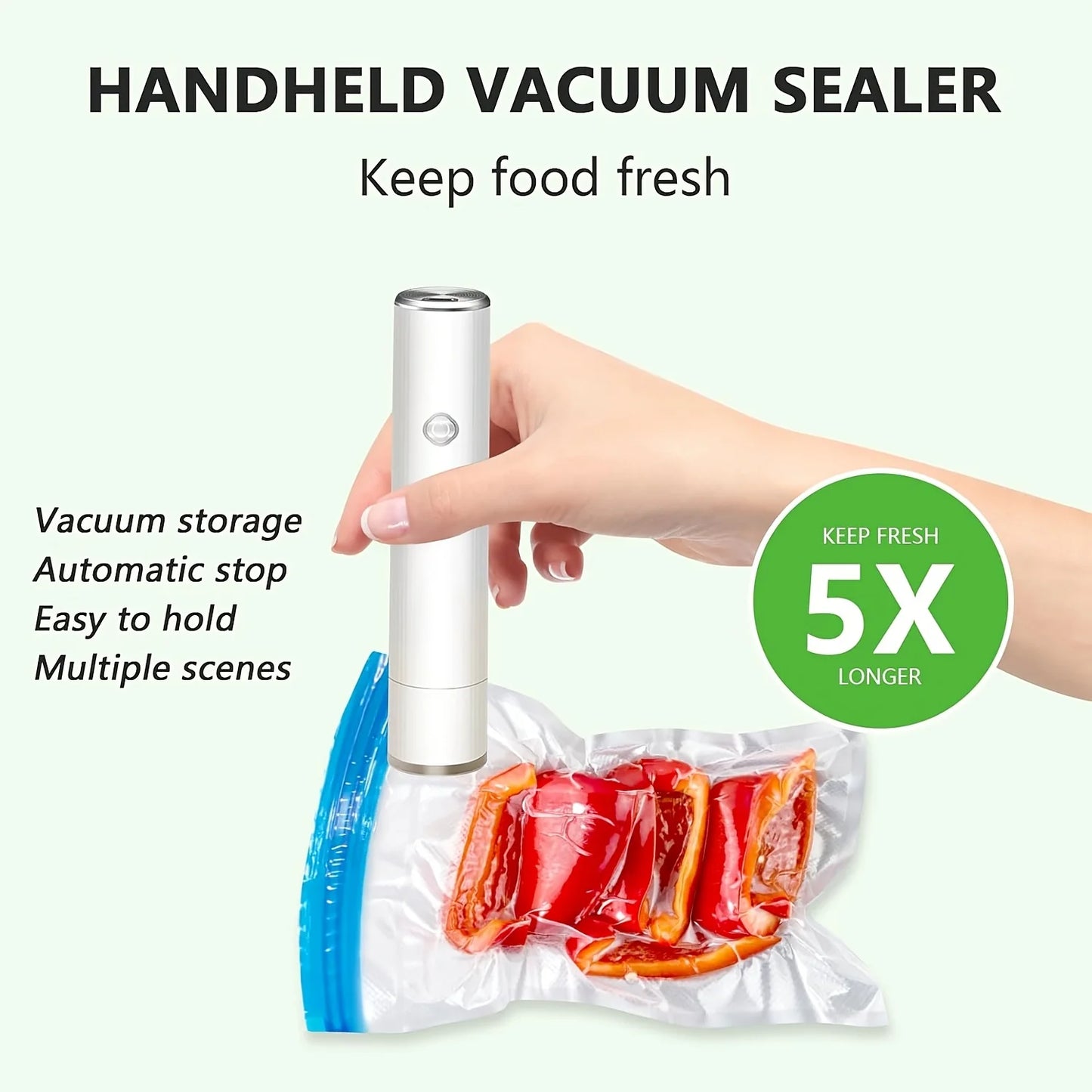 Handheld Vacuum Sealer with 5PCS Reusable Bags, Powerful Handheld Vacuum Machine, Portable Meal Saver, Keep Food Fresh, Rechargeable Portable Vacuum Machine for Meal Vegetable Fruit Preparation And Airtight Sealing Kitchen St