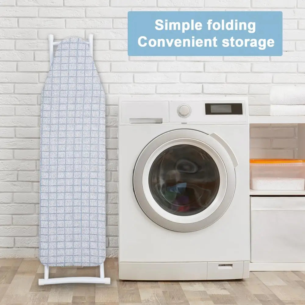 42-inch full-size foldable ironing board with blue plaid heat-resistant cover and non-slip white legs