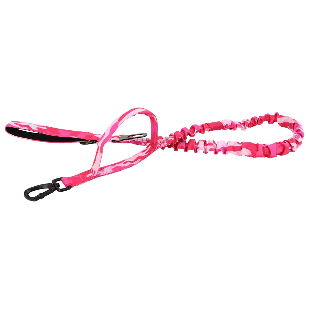 Military dog leash with elastic coil, adjustable, quick-release, two handles, pink camouflage by S And B Enterprise