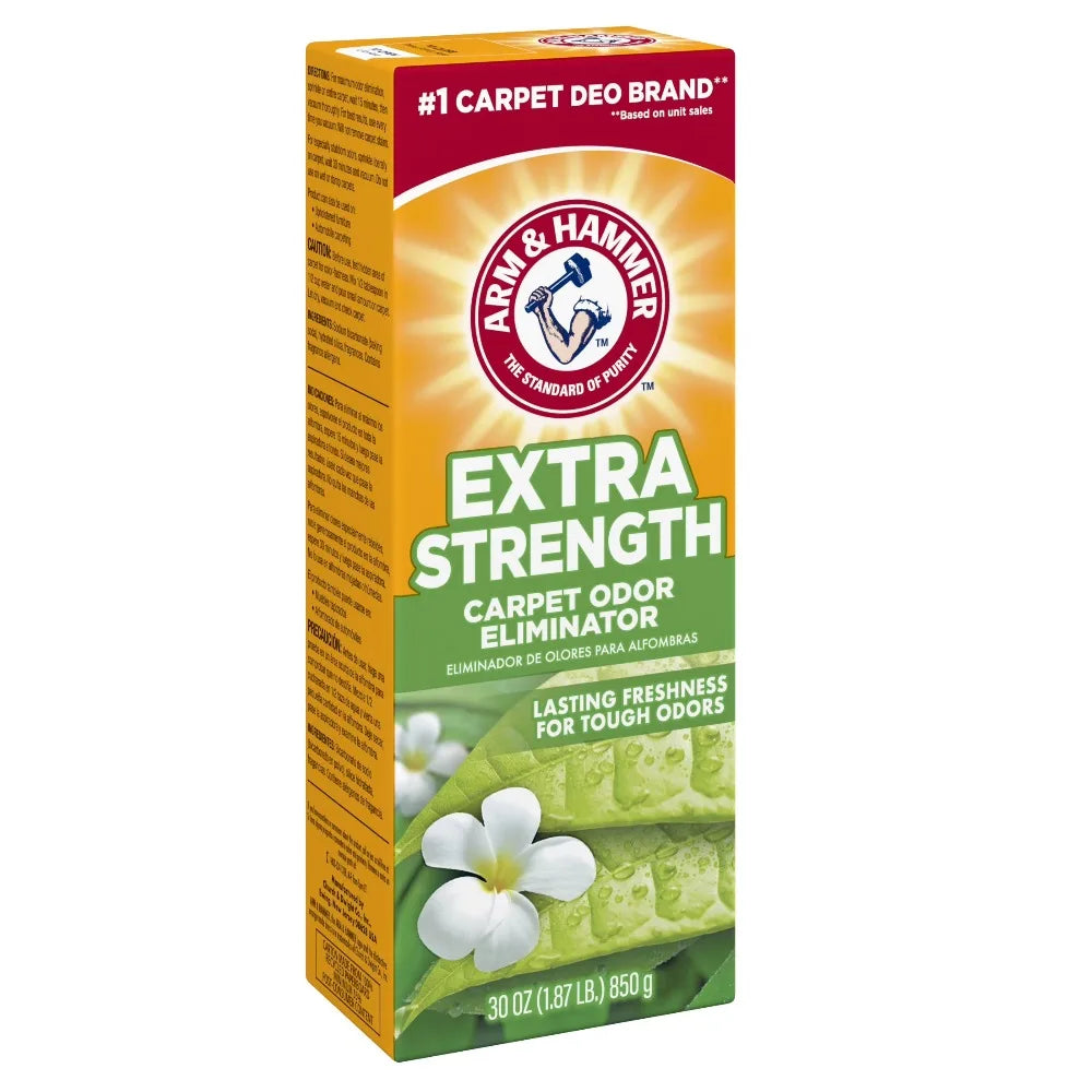 Arm & Hammer Extra Strength Carpet Odor Eliminator, 30 oz box, orange and green packaging