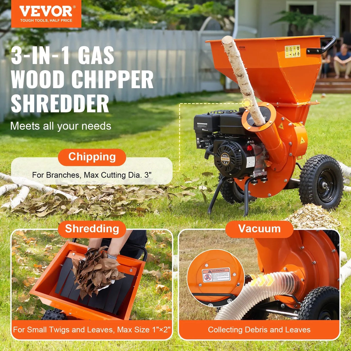 Wood Chipper Shredder Mulcher 7HP Gas Powered 212cc