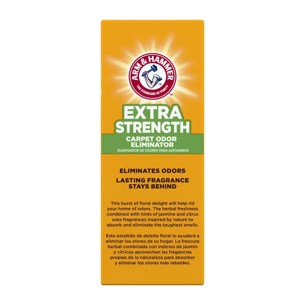 Extra Strength Carpet Odor Eliminator powder from Arm & Hammer, orange packaging with green label