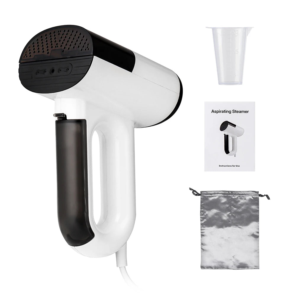 Handheld garment steamer iron by S And B Enterprise with cup, manual, and storage bag (4-piece set).