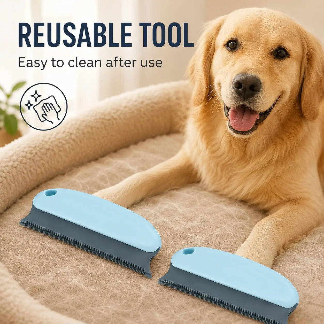 Two blue pet hair remover brushes with handles for removing fur from sofas, clothes, and cars.