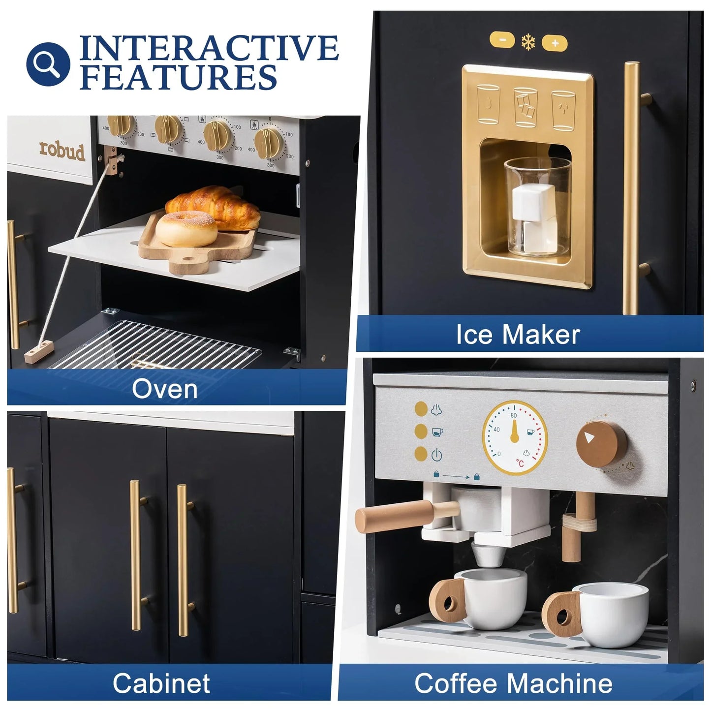 Robud wooden play kitchen set in black with gold hardware, featuring oven, cabinet, ice maker and coffee machine.