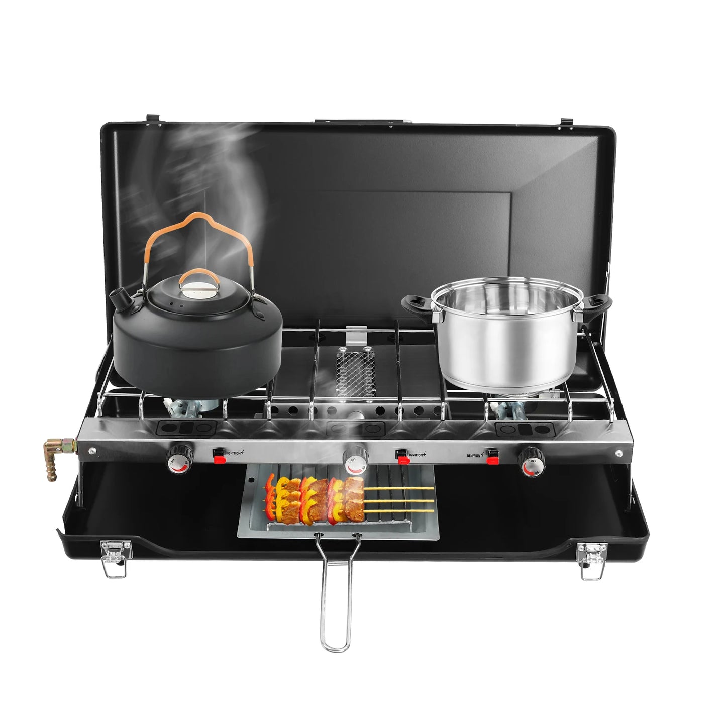 Portable tabletop 3-burner camping stove with lid; black finish, stainless pot and kettle on burners